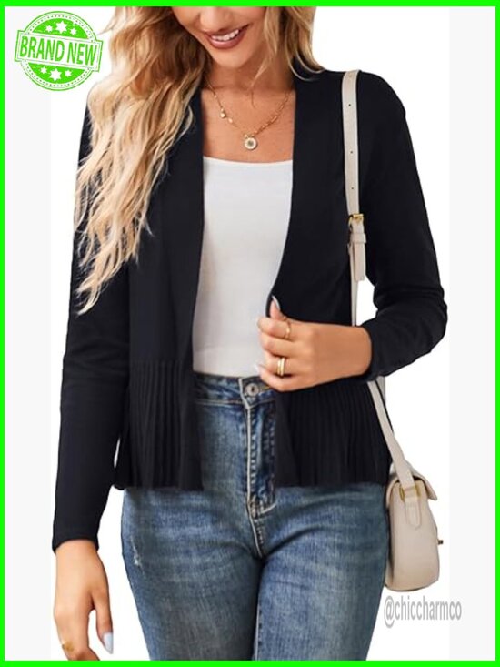 Sweaters - Lightweight Peplum Cardigan Cropped Open Front Long Sleeve Knit Top